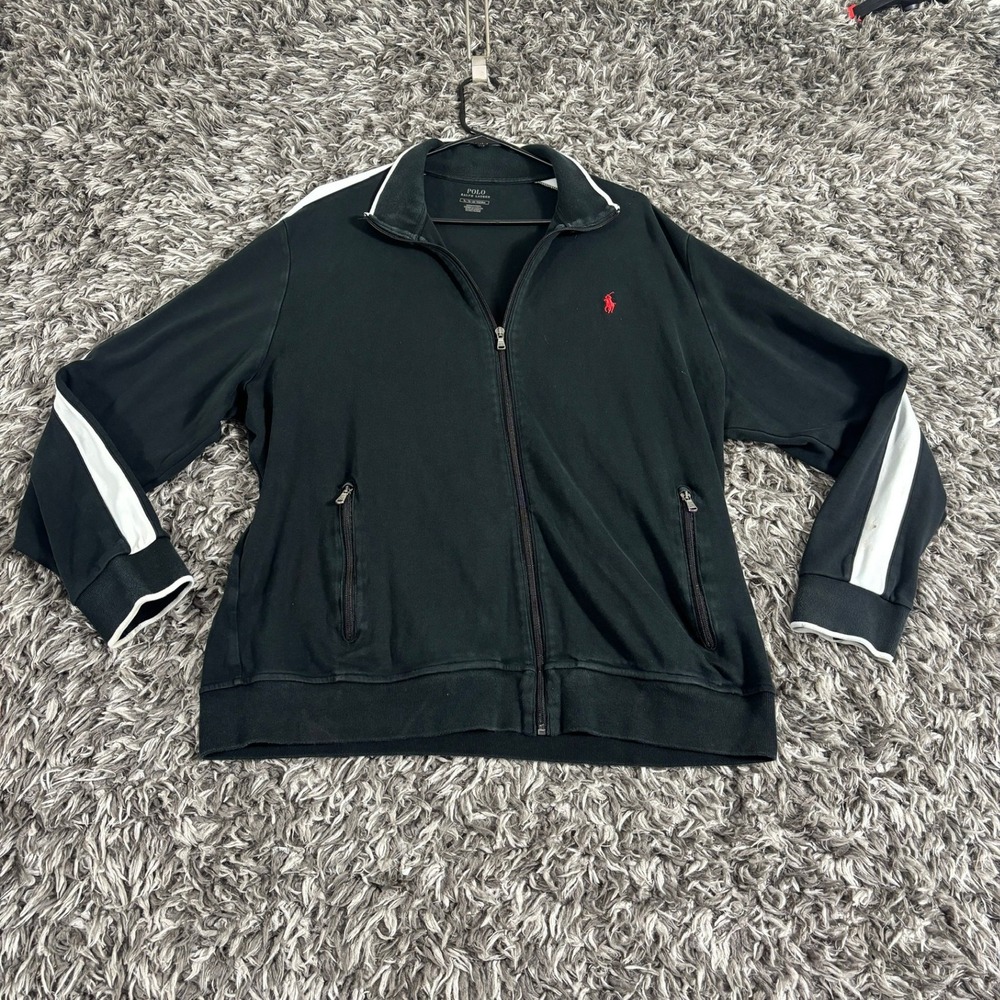 Polo Ralph Lauren Mens XL Black White Striped Full Zip Track Jacket Red Pony